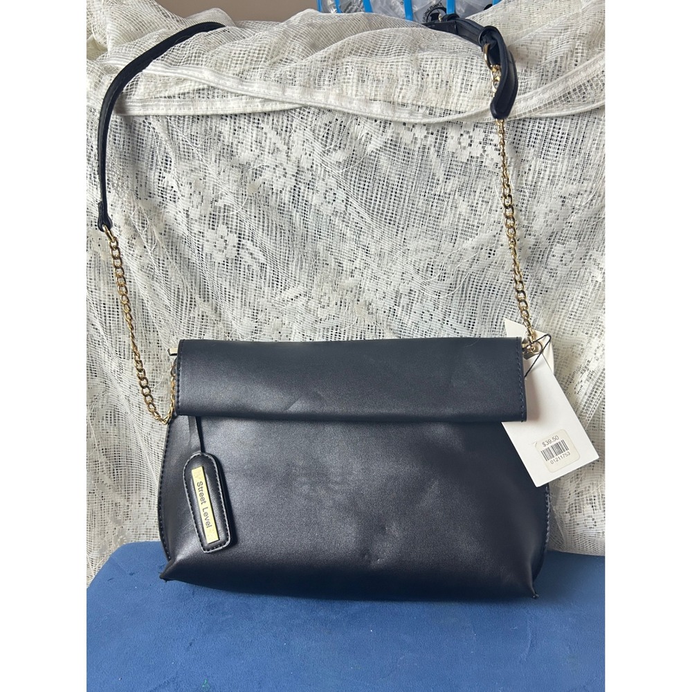 Street Level Black‎ Faux Leather Fold Over Chain Strap Crossbody Bag
